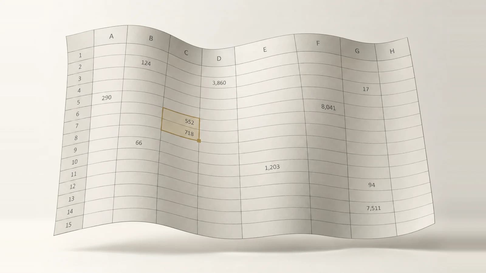 An ivory spreadsheet floating in gentle waves, with dark grid lines, sparse numbers, and a small selected range outlined in muted gold.