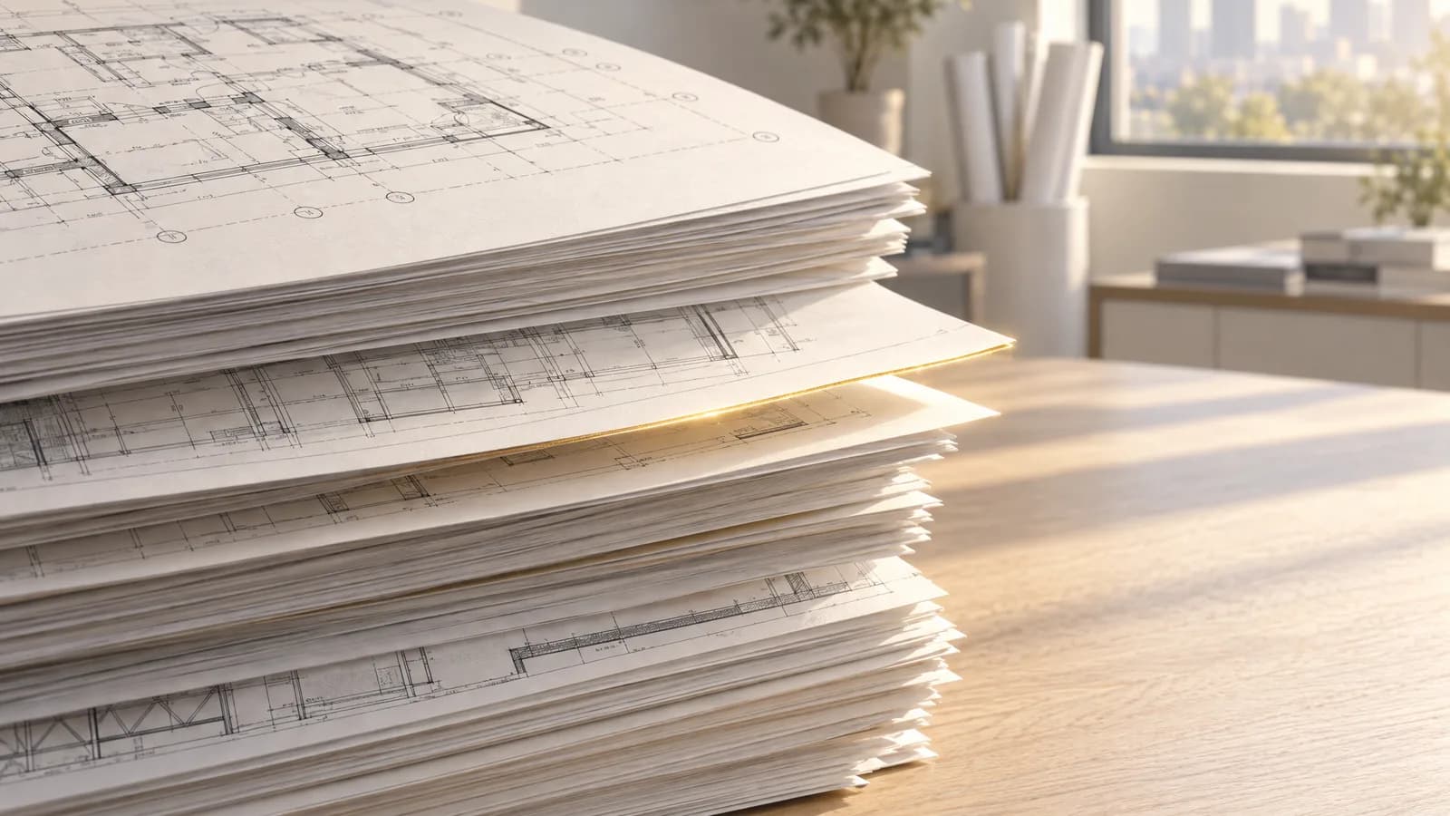 A tall stack of architectural drawing sheets on a light wooden table in a sunlit office, one sheet pulled slightly out with a thin thread of gold light along its edge