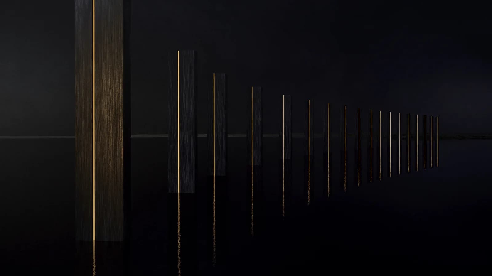 A row of identical dark metal monoliths at equal intervals across still black water, each lined with a thin thread of gold light, receding toward a misty horizon