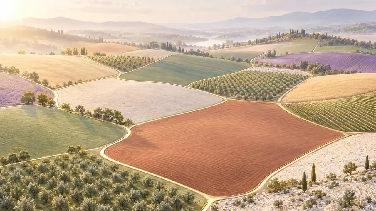A sunlit patchwork of distinct fields - wheat, olive groves, vineyards, lavender, red earth and white stone - each kept whole and joined by thin golden paths into one landscape