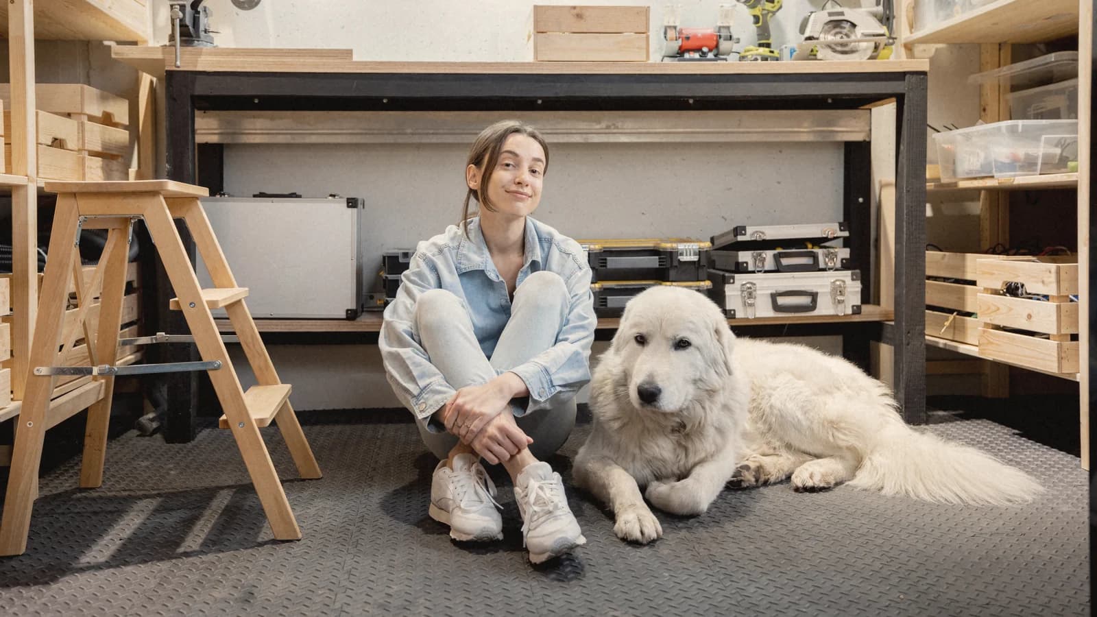 Woman sitting on the floor beside a large white dog in a woodworking workshop.