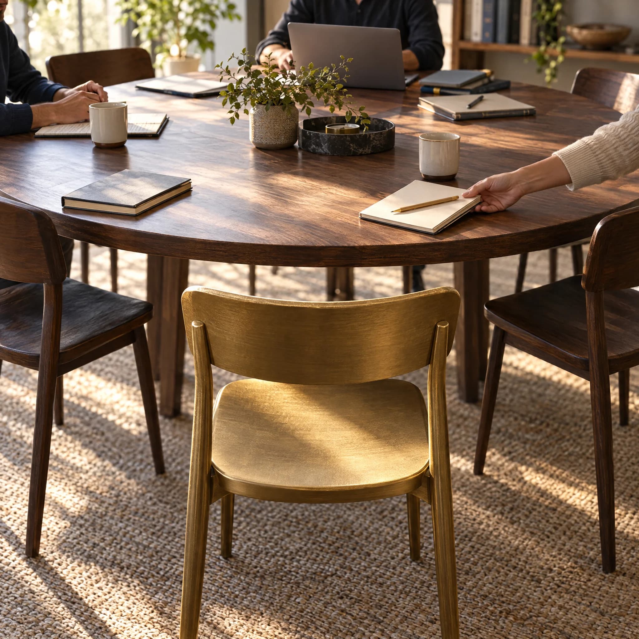 A hand slides an open blank notebook and pencil toward an empty muted-gold chair at a round wooden table, with coworkers partially visible in warm natural light.