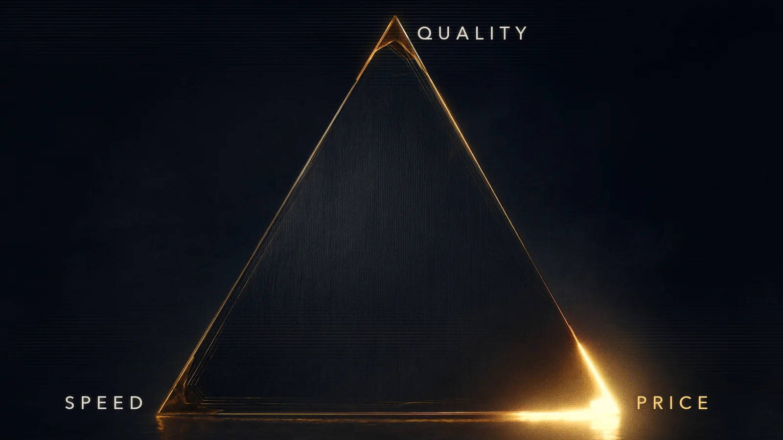 A dark brushed-metal triangle outlined in gold, its corners labeled quality, speed and price; the price corner glows as it locks into place
